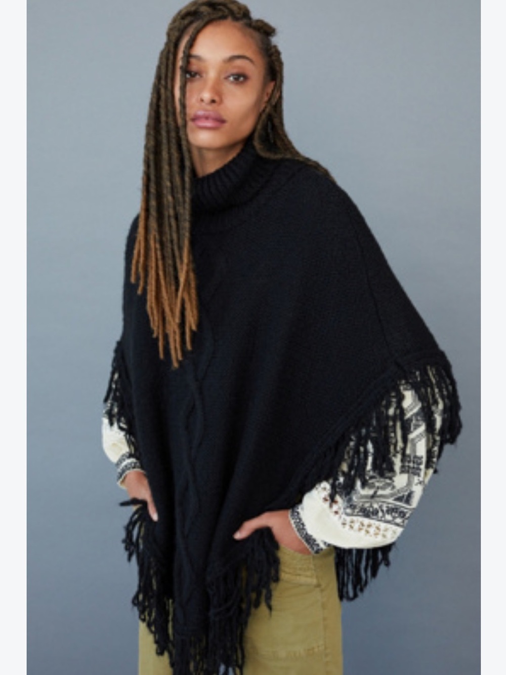 Anthropologie Black Fringed Cable-Knit Poncho